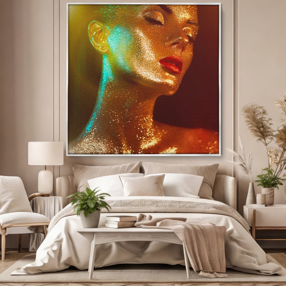 Tablou canvas cu tablou canvas cu femeie si sclipici auriu, in rama de aluminiu argintiu, pe perete intr-un dormitor